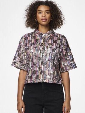 Short-Sleeve Sequin Button-Down Top in Multi-Color